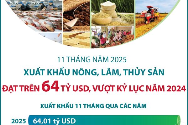 11 tháng năm 2025: Xuất khẩu nông, lâm, thủy sản đạt trên 64 tỷ USD, vượt kỷ lục năm 2024